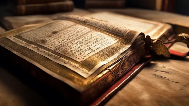 yecayeca a close up of an ancient quran open to a passage about bc43d363 76f6 43c1 9fb9 2b8b3f3561b7